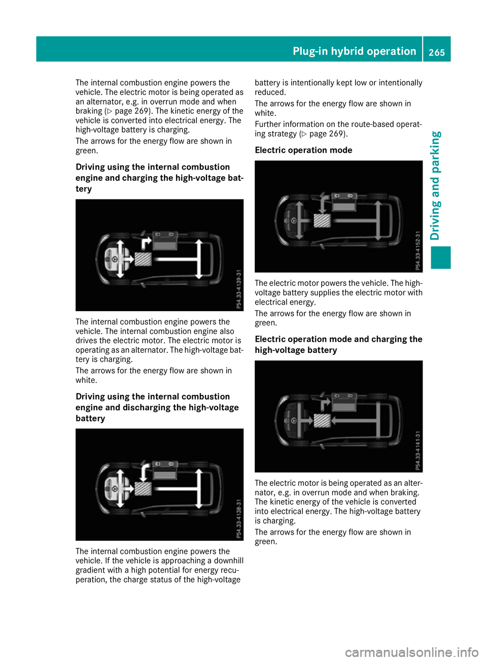 MERCEDES-BENZ GLE SUV 2015  Owners Manual The internal combustion engine powers the
vehicle. The electric motor is being operated as
an alternator, e.g. in overrun mode and when
braking (Y page 269). The kinetic energy of the
vehicle is conve