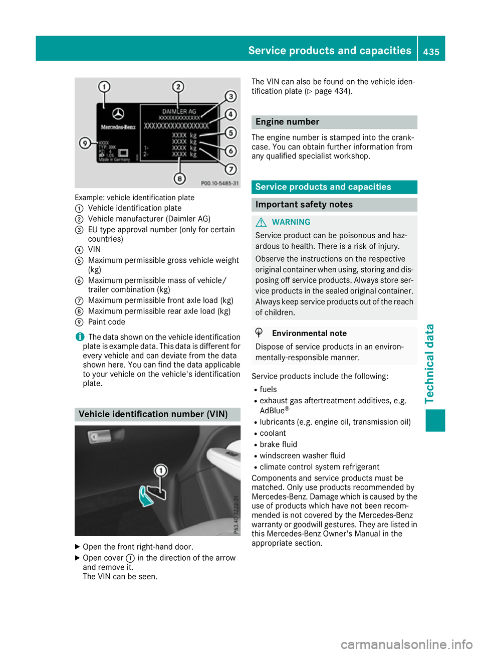 MERCEDES-BENZ GLE SUV 2015 Owners Manual Example: vehicle identification plate
:
Vehicle identification plate
; Vehicle manufacturer (Daimler AG)
= EU type approval number (only for certain
countries)
? VIN
A Maximum permissible gross vehicl MERCEDES-BENZ GLE SUV 2015 Owners Manual Example: vehicle identification plate
:
Vehicle identification plate
; Vehicle manufacturer (Daimler AG)
= EU type approval number (only for certain
countries)
? VIN
A Maximum permissible gross vehicl