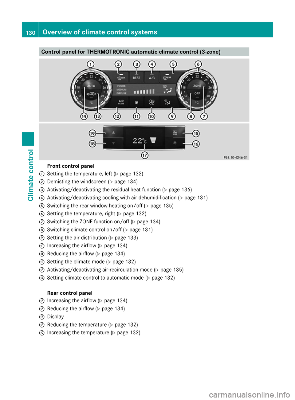 MERCEDES-BENZ GLK SUV 2012  Owners Manual Control panel for THERMOTRONIC automatic climate control (3-zone)
Front control panel
: Setting the temperature, left (Y page 132)
; Demisting the windscreen (Y page 134)
= Activating/deactivating the