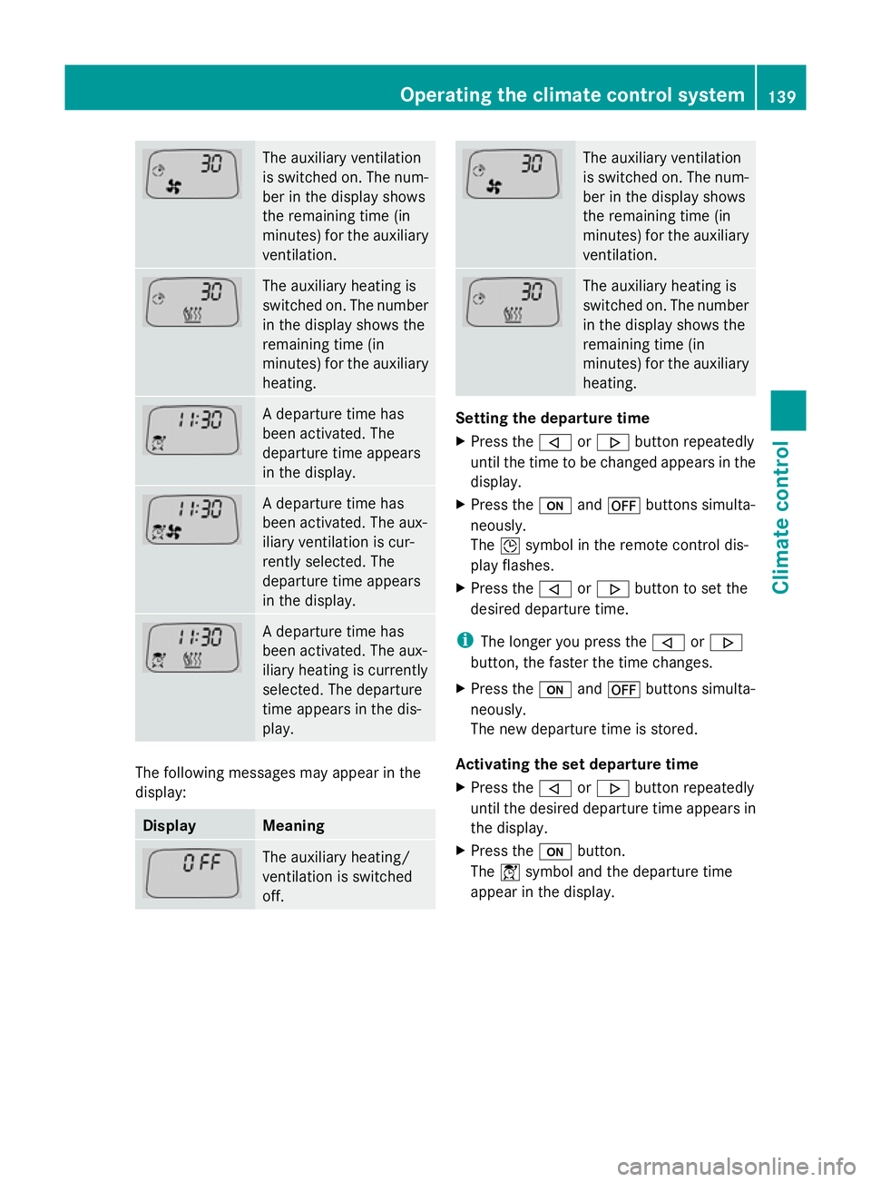 MERCEDES-BENZ GLK SUV 2012 Owners Manual The auxiliary ventilation
is switched on. The num-
ber in the display shows
the remaining time (in
minutes) for the auxiliary
ventilation.
The auxiliary heating is
switched on. The number
in the displ MERCEDES-BENZ GLK SUV 2012 Owners Manual The auxiliary ventilation
is switched on. The num-
ber in the display shows
the remaining time (in
minutes) for the auxiliary
ventilation.
The auxiliary heating is
switched on. The number
in the displ