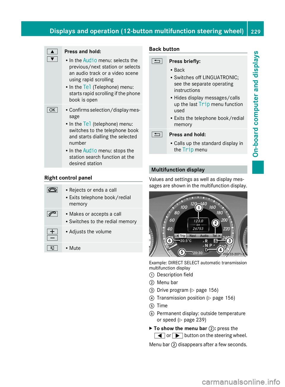 MERCEDES-BENZ GLK SUV 2012 Owners Manual 9
:
Press and hold:
R
In the Audio Audio menu: selects the
previous/next station or selects
an audio track or a video scene
using rapid scrolling
R In the Tel Tel(Telephone) menu:
starts rapid scrolli MERCEDES-BENZ GLK SUV 2012 Owners Manual 9
:
Press and hold:
R
In the Audio Audio menu: selects the
previous/next station or selects
an audio track or a video scene
using rapid scrolling
R In the Tel Tel(Telephone) menu:
starts rapid scrolli