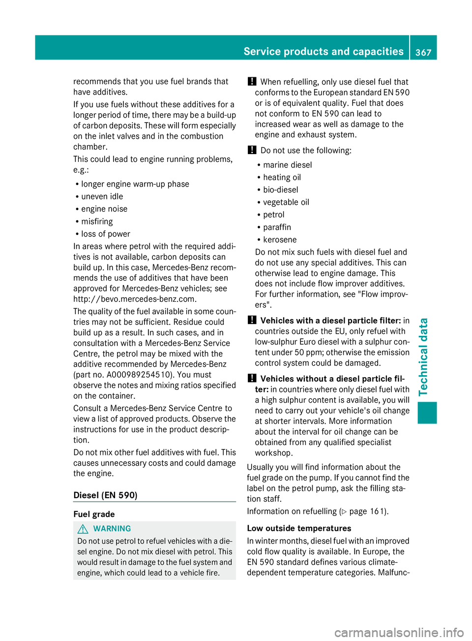 MERCEDES-BENZ GLK SUV 2012  Owners Manual recommends that you use fuel brands that
have additives.
If you use fuels without these additives for a
longer period of time, there may be a build-up
of carbon deposits. These will form especially
on