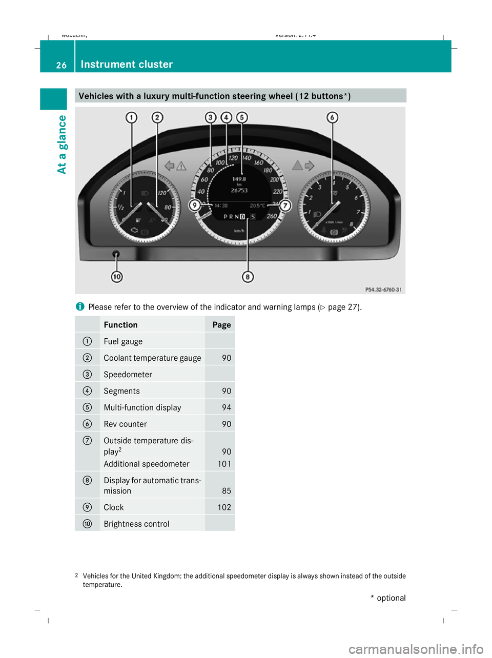 MERCEDES-BENZ GLK SUV 2008 Owners Manual Vehicles with a luxury multi-function steering wheel (12 buttons
*)i
Please refer to the overview of the indicator and warning lamps (Y page 27).
FunctionPage
:Fuel gauge
;Coolant temperature gauge90
MERCEDES-BENZ GLK SUV 2008 Owners Manual Vehicles with a luxury multi-function steering wheel (12 buttons
*)i
Please refer to the overview of the indicator and warning lamps (Y page 27).
FunctionPage
:Fuel gauge
;Coolant temperature gauge90