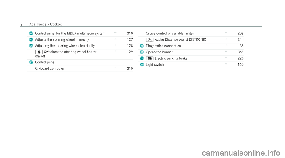 MERCEDES-BENZ GLS SUV 2021  Owners Manual M
Control panel forth e MBUX multimedia system →
310
N Adjusts the steering wheel manually →
127
O Adjusting the steering wheel electrically →
128
ý Switches the steering wheel heater
on/o. �