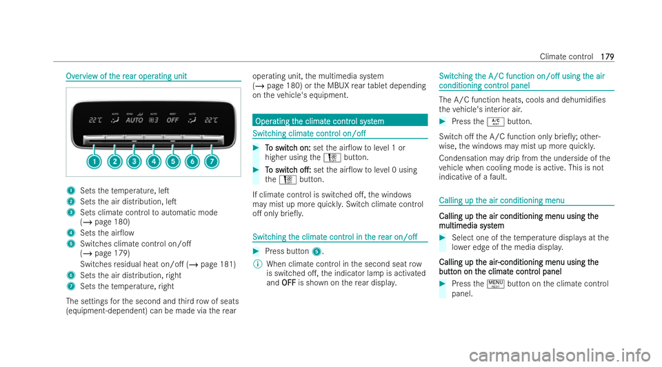MERCEDES-BENZ GLS SUV 2021  Owners Manual Ov
Ov
er
ervie
vie w of t
w of t he r
he rear oper
ear oper ating unit
ating unit 1
Sets thete mp erature, leT
2 Sets the air distribution, leT
3 Sets climate control toautomatic mode
(/ page 180)
4