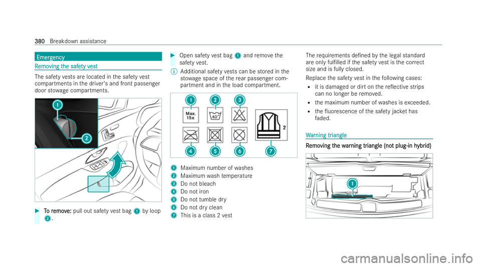 MERCEDES-BENZ GLS SUV 2021  Owners Manual Emerg
Emerg
ency
ency R
R
emo
emo ving t
ving t he safe
he safe ty v
ty vest
est The saf
etyve sts are loca ted in the saf etyve st
co mp artments in the driver's and front passenger
door st owage