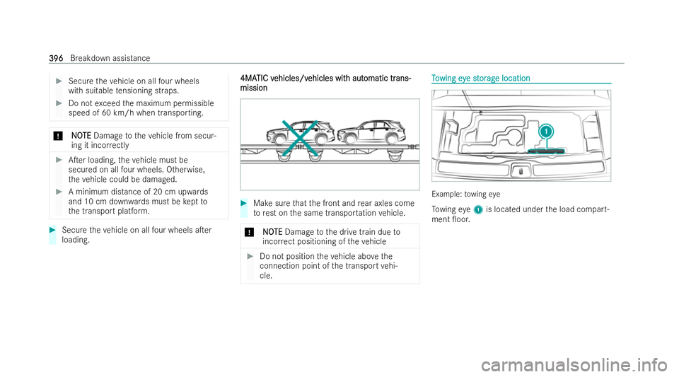 MERCEDES-BENZ GLS SUV 2021  Owners Manual #
Secure theve hicle on all four wheels
with suitable tensioning straps. #
Do not exceed the maximum permissible
speed of 60 km/h when transporting. *
N
NOOTE
TE Damage totheve hicle from secur-
ing i