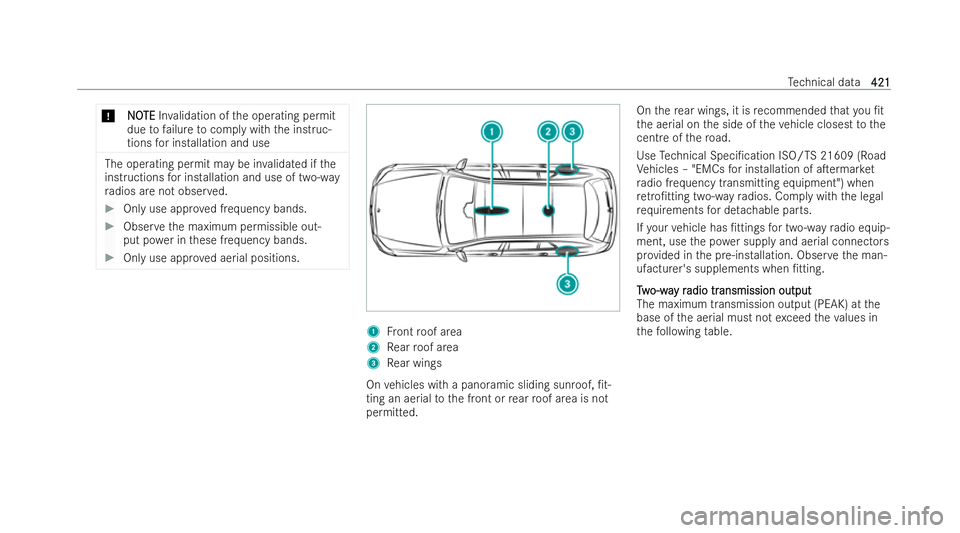 MERCEDES-BENZ GLS SUV 2021  Owners Manual *
N
N O
OTE
TE Inva lidation of the operating permit
due tofailure tocomply with the inst ruc-
tions for installation and use The operating permit may be in
validated if the
inst ructions for installa