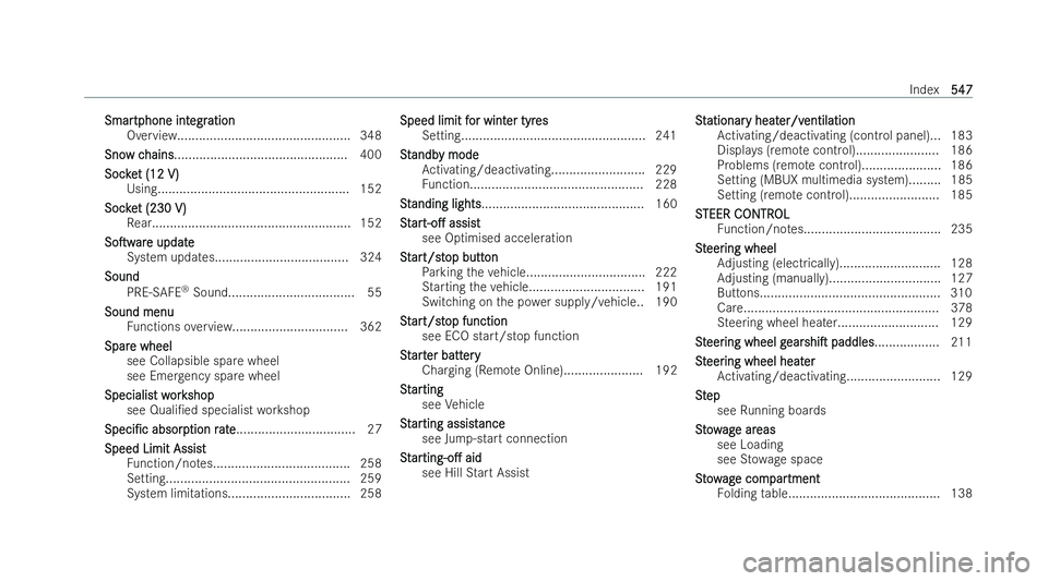MERCEDES-BENZ GLS SUV 2021  Owners Manual Smar
Smar
tphone int
tphone int egr
egration
ation
Overview................................................ 348
Sno
Sno w c
w chains
hains................................................ 400
Soc ke
So