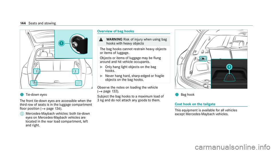 MERCEDES-BENZ GLS SUV 2020  Owners Manual 1
Tie-down eyes
The front tie-down eyes are accessible when the
th ird row of seats is in the luggage compartment
fl oor position (/ page136).
% Mercedes-Maybach vehicles: bo thtie-down
ey es on Merce