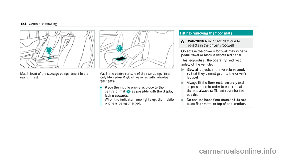 MERCEDES-BENZ GLS SUV 2020  Owners Manual Mat in front of
thestow age compartment in the
re ar armrest Mat in
the cent reconsole of there ar compartment
(only Mercedes-Maybach vehicles with individual
re ar seats) #
Place the mobile phone as 