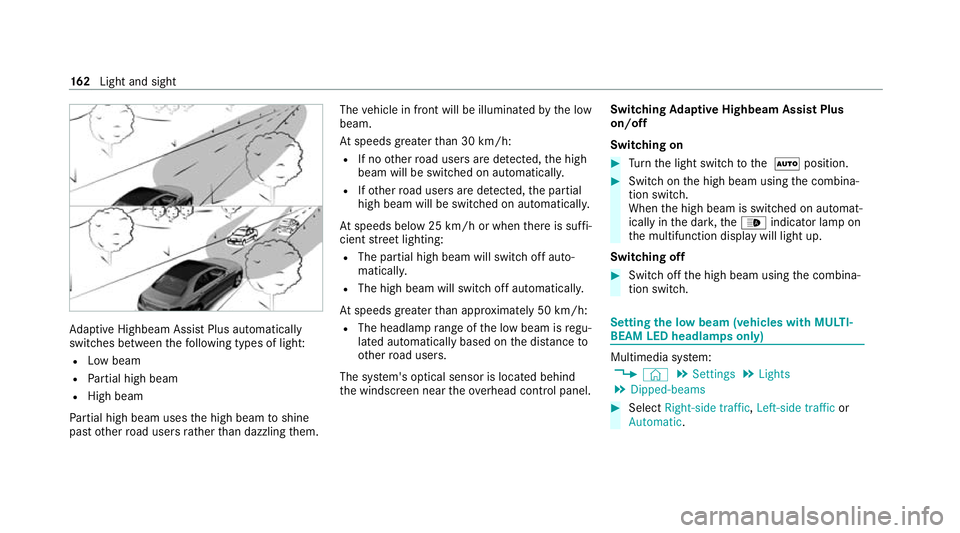 MERCEDES-BENZ GLS SUV 2020  Owners Manual Ad
aptive Highbeam Assist Plus automatically
swit ches between thefo llowing types of light:
R Low beam
R Partial high beam
R High beam
Pa rtial high beam uses the high beam toshine
past other road us
