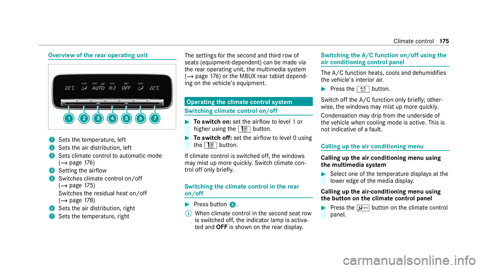 MERCEDES-BENZ GLS SUV 2020  Owners Manual Overview of
there ar operating unit 1
Sets thete mp erature, left
2 Sets the air distribution, left
3 Sets climate control toautomatic mode
(/ page 176)
4 Setting the air flow
5 Switches climate contr