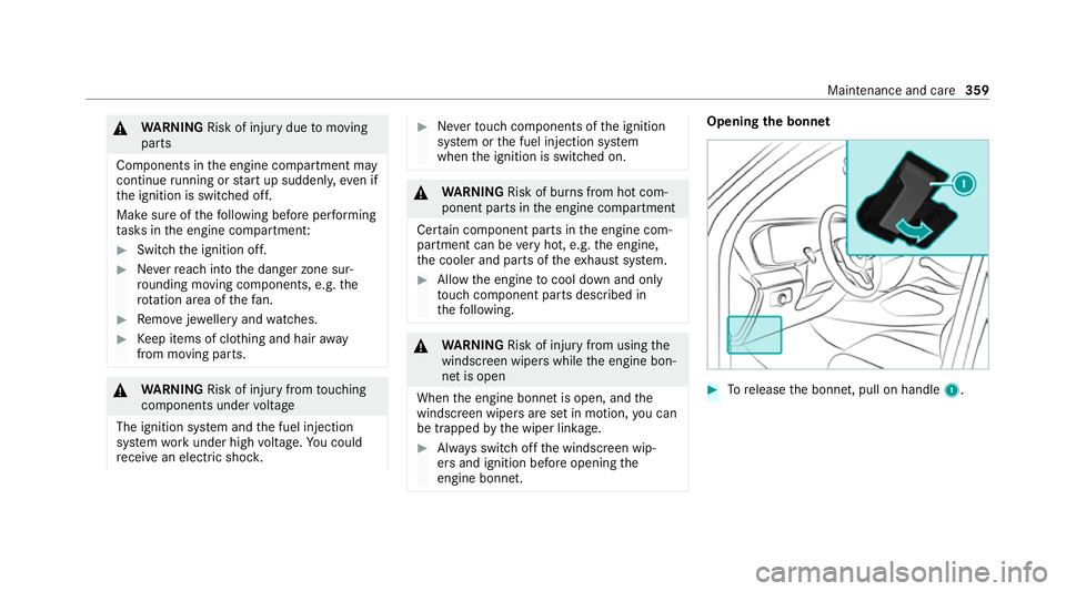 MERCEDES-BENZ GLS SUV 2020 Owners Manual &
WARNING Risk of inju rydue tomoving
parts
Components in the engine compartment may
continue running or start up sudden ly,even if
th e ignition is switched off.
Make sure of thefo llowing before per MERCEDES-BENZ GLS SUV 2020 Owners Manual &
WARNING Risk of inju rydue tomoving
parts
Components in the engine compartment may
continue running or start up sudden ly,even if
th e ignition is switched off.
Make sure of thefo llowing before per
