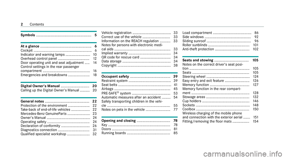 MERCEDES-BENZ GLS SUV 2020  Owners Manual Symbols
........................................................ 5At
agl ance .................................................... 6
Cockpit ...........................................................