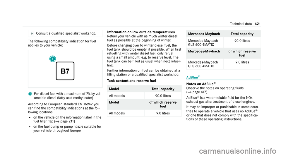 MERCEDES-BENZ GLS SUV 2020  Owners Manual #
Consult a qualified specialist workshop. The
following compatibility indication for fuel
applies to yourvehicle: 1
For diesel fuel with a maximum of 7% byvol‐
ume bio-diesel (fatty acid me thyl es