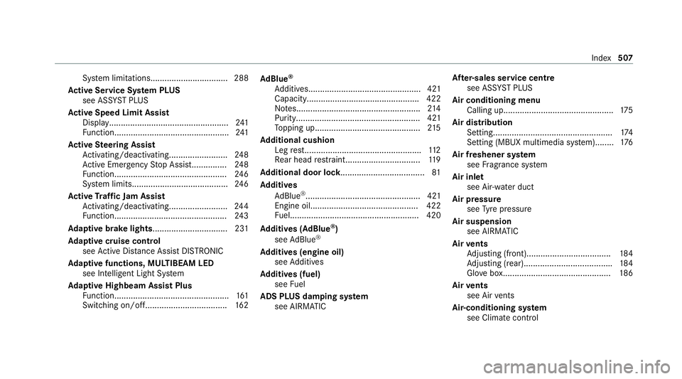 MERCEDES-BENZ GLS SUV 2020  Owners Manual Sy
stem limitations................................. 288
Ac tive Se rvice Sy stem PLUS
see AS SYST PLUS
Ac tive Speed Limit Assi st
Displ ay................................................... 241
Fu n
