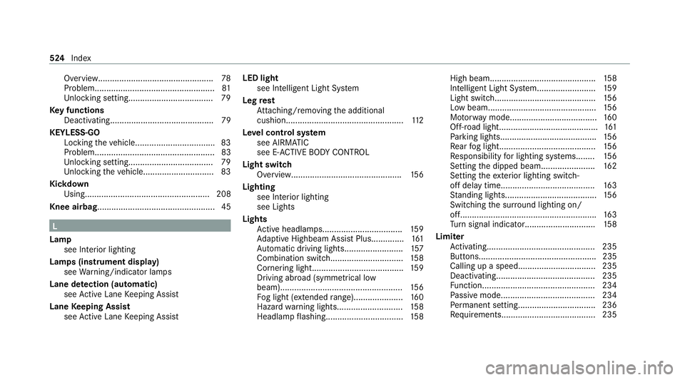 MERCEDES-BENZ GLS SUV 2020  Owners Manual Overview.................................................
78
Problem................................................... 81
Un locking setting.................................... 79
Ke y functions
Deac