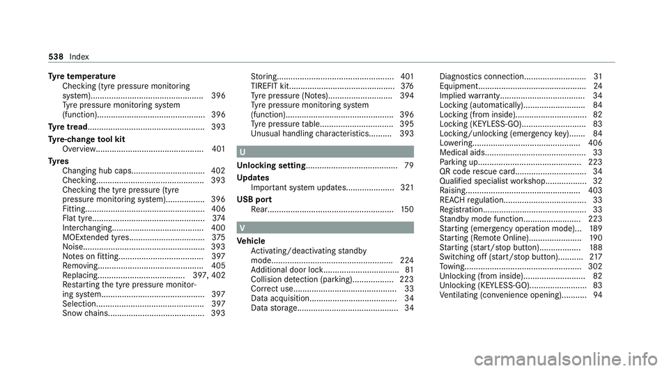MERCEDES-BENZ GLS SUV 2020  Owners Manual Ty
re temp erature
Checking (tyre pressure monitoring
sy stem)................................................. 396
Ty re pressure monitoring sy stem
(function)........................................