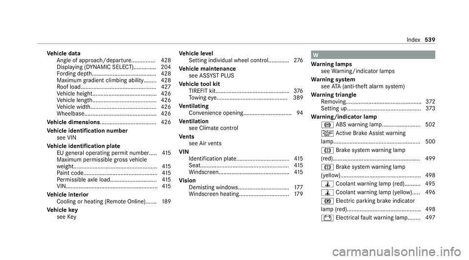 MERCEDES-BENZ GLS SUV 2020  Owners Manual Ve
hicle data
Angle of app roach/departur e............... 428
Disp laying (DYNAMIC SELECT).............. 204
Fo rding dep th........................................ 428
Maximum gradient climbing abil