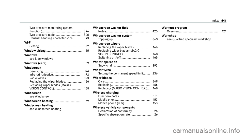 MERCEDES-BENZ GLS SUV 2020  Owners Manual Ty
re pressure monitoring sy stem
(function)............................................... 396
Ty re pressure table................................ 395
Un usual handling characteristic s.......... 39