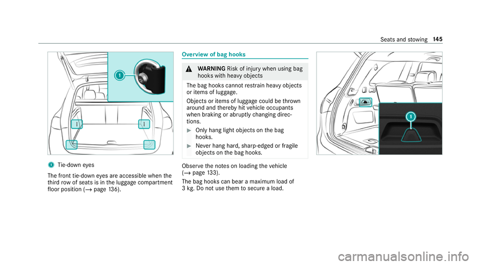 MERCEDES-BENZ GLS SUV 2019 Owners Manual 1
Tie-down eyes
The front tie-down eyes are accessible when the
th ird row of seats is in the luggage compartment
fl oor position (/ page136). Overvi
ewof bag hooks &
WARNING Risk of inju rywhen using MERCEDES-BENZ GLS SUV 2019 Owners Manual 1
Tie-down eyes
The front tie-down eyes are accessible when the
th ird row of seats is in the luggage compartment
fl oor position (/ page136). Overvi
ewof bag hooks &
WARNING Risk of inju rywhen using