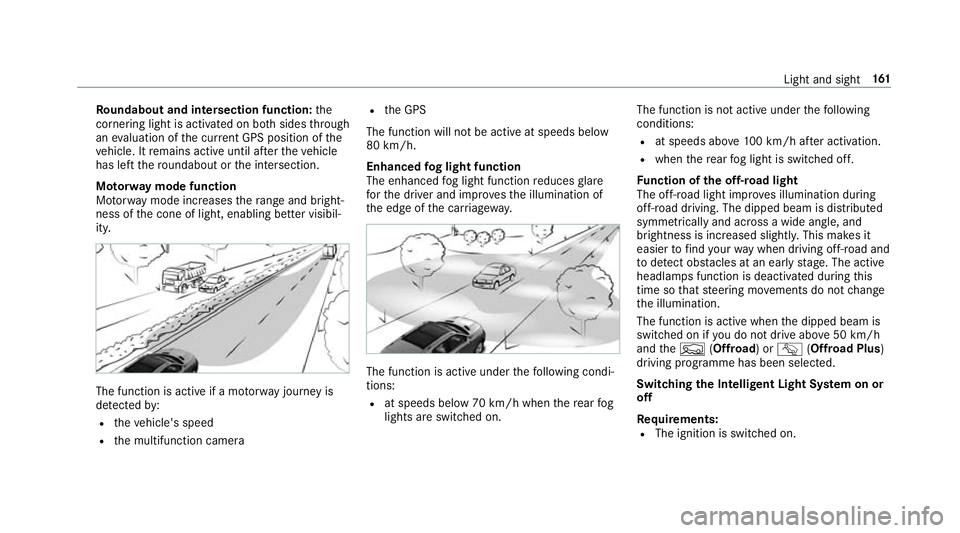 MERCEDES-BENZ GLS SUV 2019  Owners Manual Ro
undabout and intersection function: the
cornering light is acti vated on bo thsides thro ugh
an evaluation of the cur rent GPS position of the
ve hicle. It remains active until af terth eve hicle
h