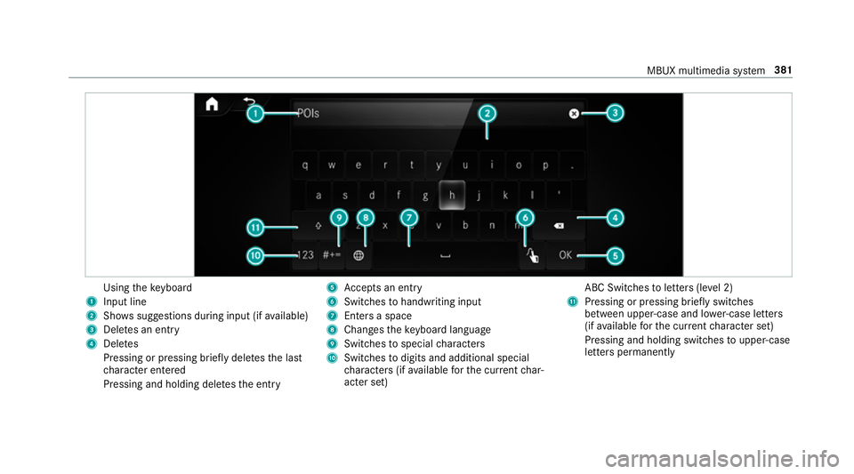 MERCEDES-BENZ GLS SUV 2019  Owners Manual Using
theke yboard
1 Input line
2 Shows suggestions during input (if available)
3 Dele tes an entry
4 Dele tes
Pressing or pressing brief lydele testh e last
ch aracter entered
Pressing and holding de