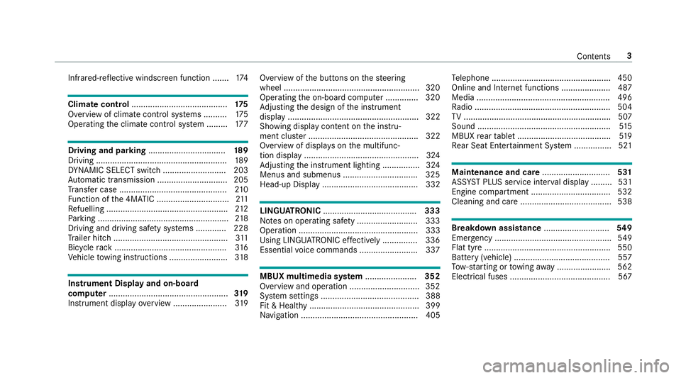 MERCEDES-BENZ GLS SUV 2019  Owners Manual Infrared-reflective windscreen function .......
174Climate control
......................................... 175
Overview of climate contro l systems ..........1 75
Operating the climate control sy st