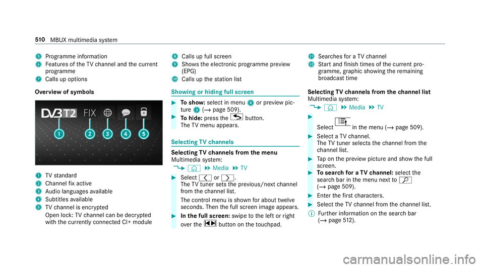 MERCEDES-BENZ GLS SUV 2019  Owners Manual 5
Programme information
6 Features of theTV channel and the cur rent
programme
7 Calls up options 8
Calls up full screen
9 Shows th e electronic prog ramme pr eview
(EPG)
A Calls up thest ation list B