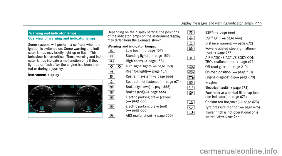 MERCEDES-BENZ GLS SUV 2019  Owners Manual Wa
rning and indicator lamps Overview of
warning and indicator lamps Some sy
stems will per form a self-test when the
ignition is switched on. Some warning and indi‐
cator lamps may brief lylight up