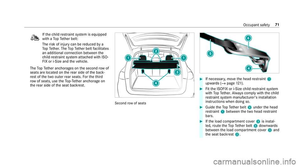 MERCEDES-BENZ GLS SUV 2019 Manual PDF If
th ech ild restra int sy stem is equipped
with a TopTe ther belt:
The risk of injury can be reduced by a
To pTe ther. The TopTe ther belt facilitates
an additional connection between the
ch ild res