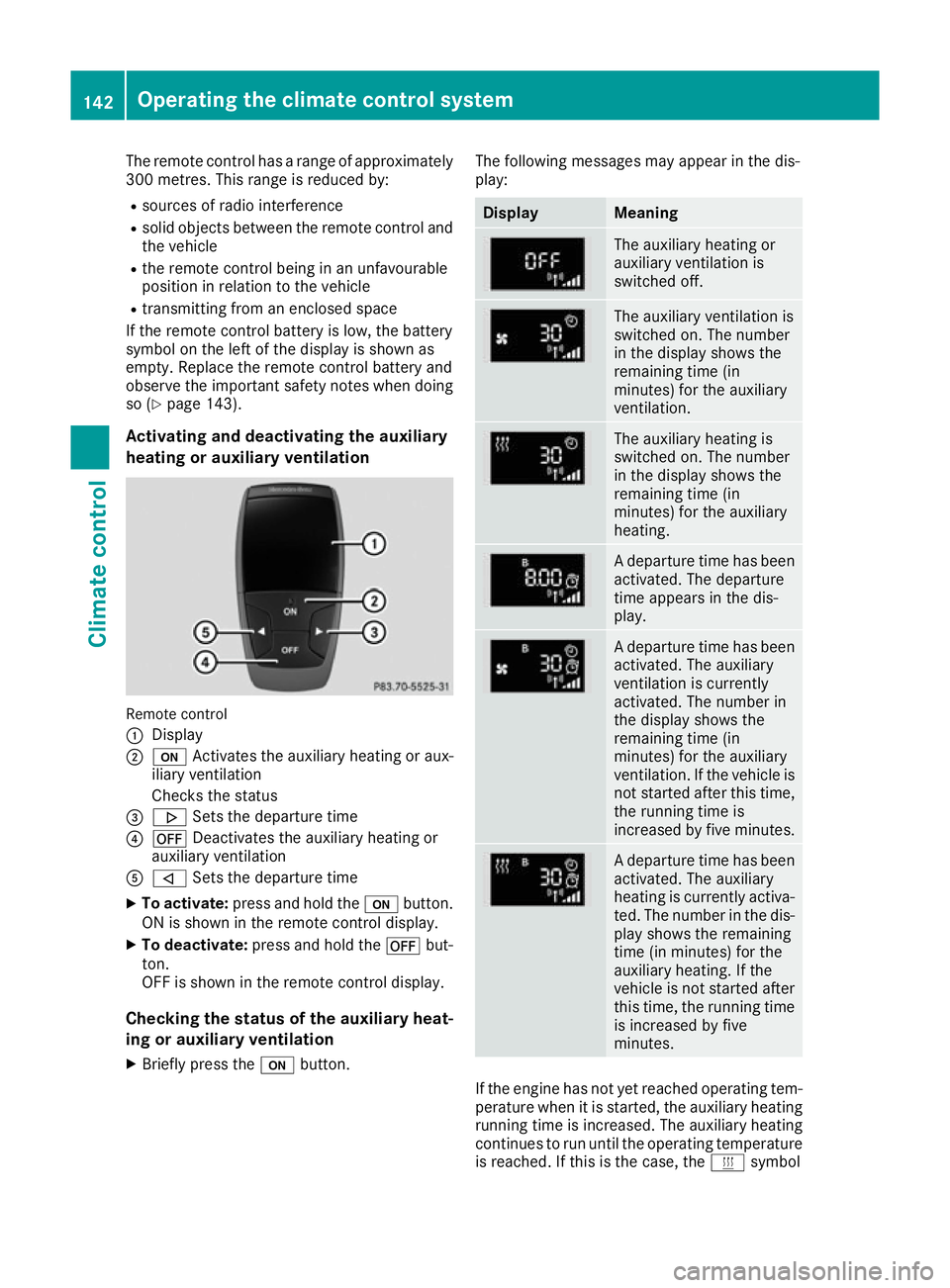 MERCEDES-BENZ GLS SUV 2016 Owners Manual The remote control has a range of approximately
300 metres. This range is reduced by:
R sources of radio interference
R solid objects between the remote control and
the vehicle
R the remote control be MERCEDES-BENZ GLS SUV 2016 Owners Manual The remote control has a range of approximately
300 metres. This range is reduced by:
R sources of radio interference
R solid objects between the remote control and
the vehicle
R the remote control be
