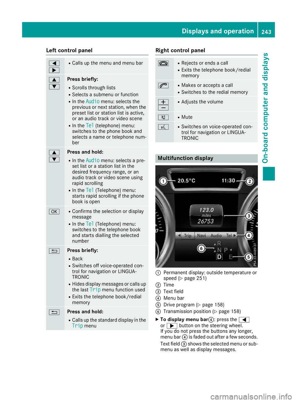 MERCEDES-BENZ GLS SUV 2016  Owners Manual Left control panel
=
; R
Calls up the menu and menu bar 9
: Press briefly:
R Scrolls through lists
R Selects a submenu or function
R In the Audio Audio menu: selects the
previous or next station, when