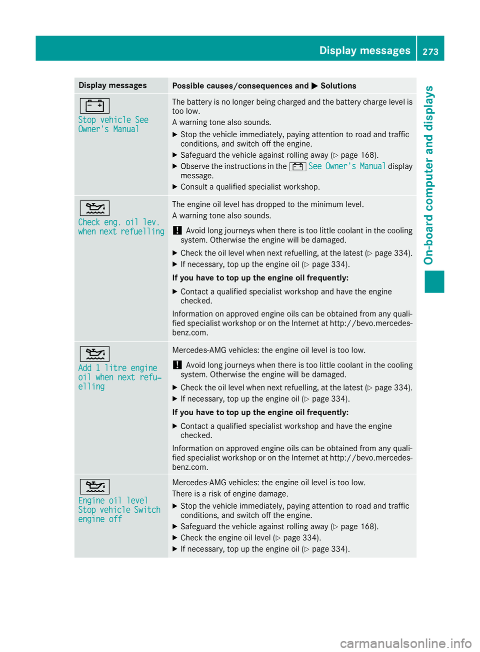 MERCEDES-BENZ GLS SUV 2016  Owners Manual Display messages
Possible causes/consequences and
M
MSolutions #
Stop vehicle See Stop vehicle See
Owner's Manual Owner's Manual The battery is no longer being charged and the battery charge l