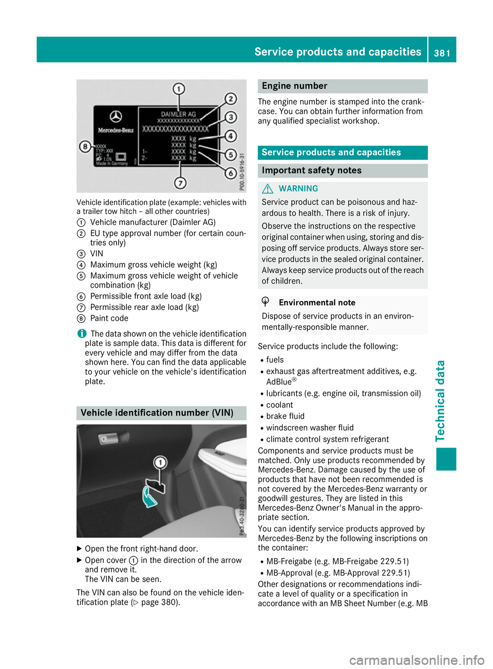 MERCEDES-BENZ GLS SUV 2016 Owners Manual Vehicle identification plate (example: vehicles with
a trailer tow hitch – all other countries)
: Vehicle manufacturer (Daimler AG)
; EU type approval number (for certain coun-
tries only)
= VIN
? M MERCEDES-BENZ GLS SUV 2016 Owners Manual Vehicle identification plate (example: vehicles with
a trailer tow hitch – all other countries)
: Vehicle manufacturer (Daimler AG)
; EU type approval number (for certain coun-
tries only)
= VIN
? M