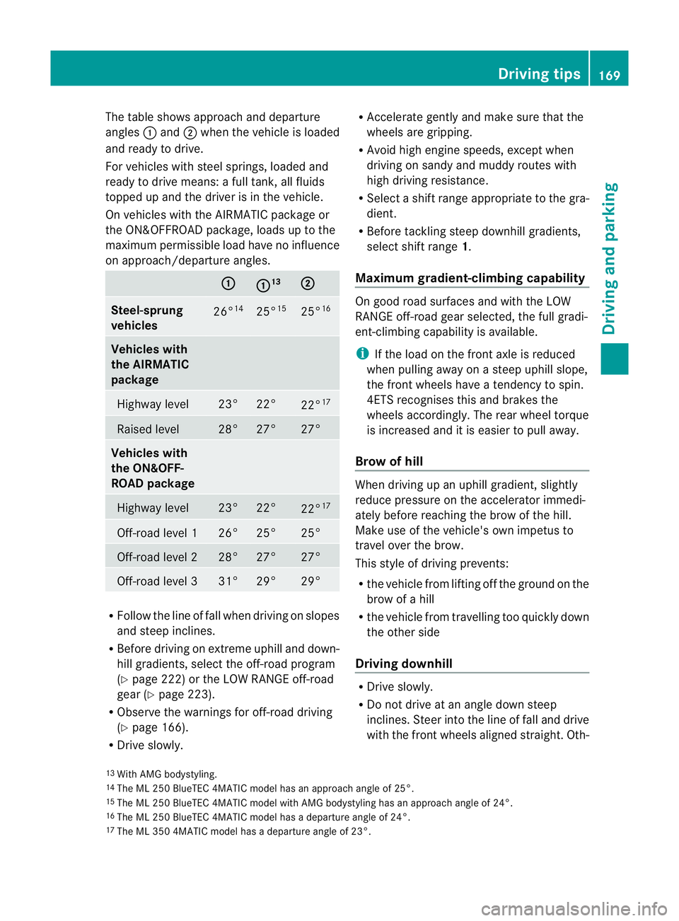MERCEDES-BENZ M-CLASS SUV 2011  Owners Manual The table shows approach and departure
angles :and ;when the vehicle is loaded
and ready to drive.
For vehicles with steel springs, loaded and
ready to driv emeans: afull tank, all fluids
topped up an MERCEDES-BENZ M-CLASS SUV 2011  Owners Manual The table shows approach and departure
angles :and ;when the vehicle is loaded
and ready to drive.
For vehicles with steel springs, loaded and
ready to driv emeans: afull tank, all fluids
topped up an