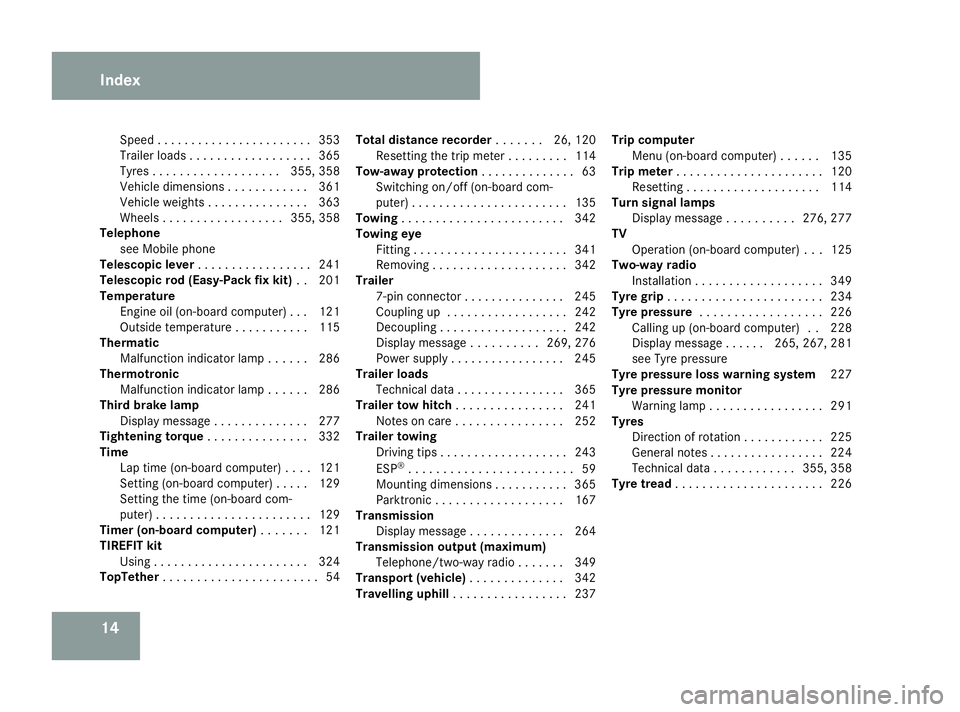 MERCEDES-BENZ ML SUV 2008 User Guide 14Speed . . . . . . . . . . . . . . . . . . . . . .
.353
Trailer loads . . . . . . . . . . . . . . . . . .365
Tyres . . . . . . . . . . . . . . . . . . .355, 358
Vehicle dimensions . . . . . . . . . .