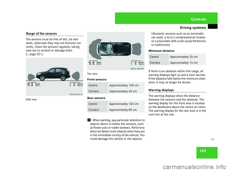 MERCEDES-BENZ ML SUV 2008 Owners Manual Driving sys
tems 165
Range of the sensors The sensors must be free of dirt, ice and
slush, otherwise they may not function cor-
rectly. Clean the sensors regularly, taking
care not to scratch or damag MERCEDES-BENZ ML SUV 2008 Owners Manual Driving sys
tems 165
Range of the sensors The sensors must be free of dirt, ice and
slush, otherwise they may not function cor-
rectly. Clean the sensors regularly, taking
care not to scratch or damag