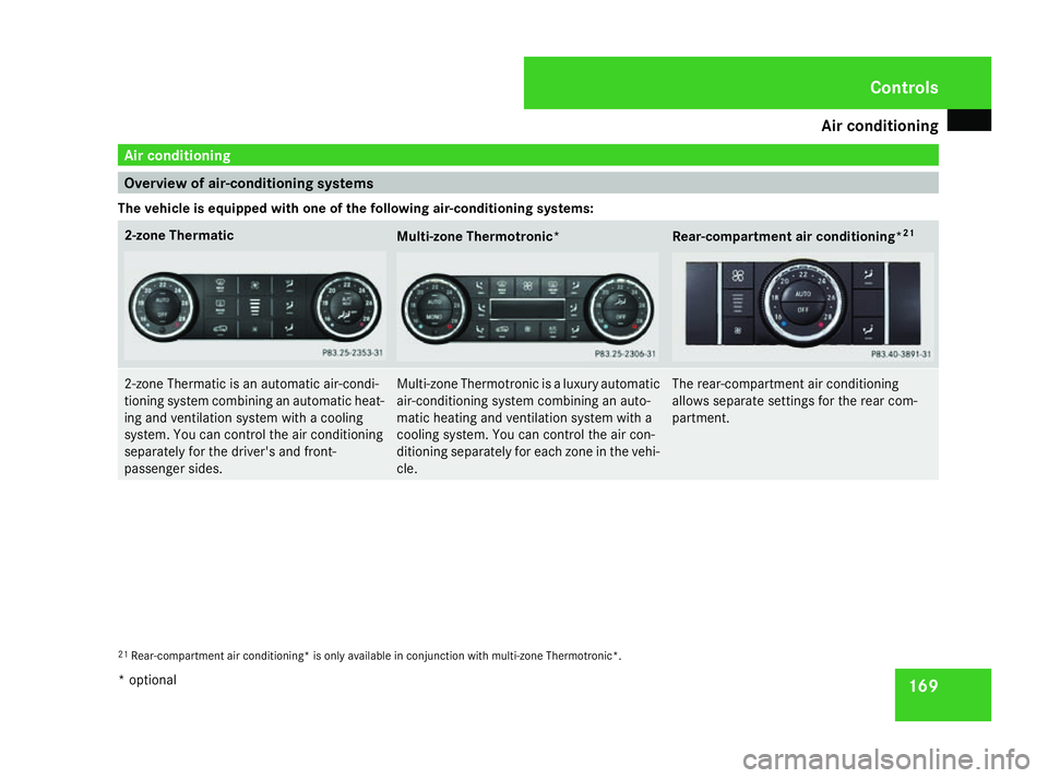 MERCEDES-BENZ ML SUV 2008 Owners Manual Air conditioning
169Air conditioning
Overview of air-conditioning systems
The vehicle is equipped with one of the following air-conditioning systems: 2-zone Thermatic
Multi-zone Thermotronic* Rear-com MERCEDES-BENZ ML SUV 2008 Owners Manual Air conditioning
169Air conditioning
Overview of air-conditioning systems
The vehicle is equipped with one of the following air-conditioning systems: 2-zone Thermatic
Multi-zone Thermotronic* Rear-com