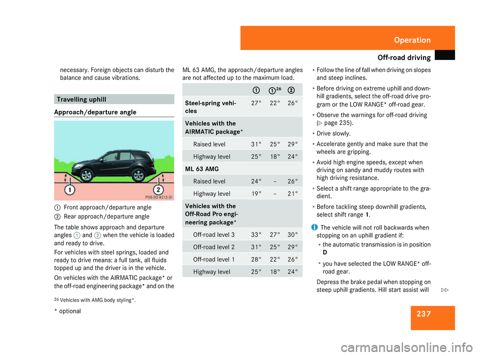 MERCEDES-BENZ ML SUV 2008 Owners Manual Off-road driving
237
necessary. Foreign objects can disturb the
balance and cause vibrations. Travelling uphill
Approach/departure angle 1
Front approach/departure angle
2 Rear approach/departure angl MERCEDES-BENZ ML SUV 2008 Owners Manual Off-road driving
237
necessary. Foreign objects can disturb the
balance and cause vibrations. Travelling uphill
Approach/departure angle 1
Front approach/departure angle
2 Rear approach/departure angl