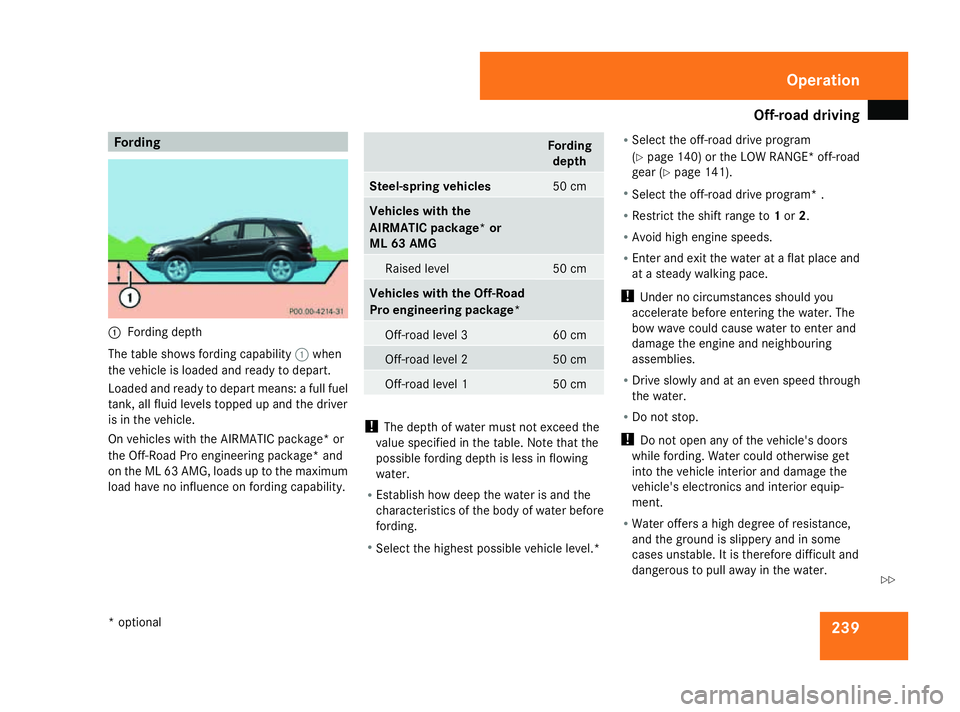 MERCEDES-BENZ ML SUV 2008 Owners Manual Off-road driving
239Fording
1
Fording depth
The table shows fording capability 1when
the vehicle is loaded and ready to depart.
Loaded and ready to depart means: a full fuel
tank, all fluid levels top MERCEDES-BENZ ML SUV 2008 Owners Manual Off-road driving
239Fording
1
Fording depth
The table shows fording capability 1when
the vehicle is loaded and ready to depart.
Loaded and ready to depart means: a full fuel
tank, all fluid levels top