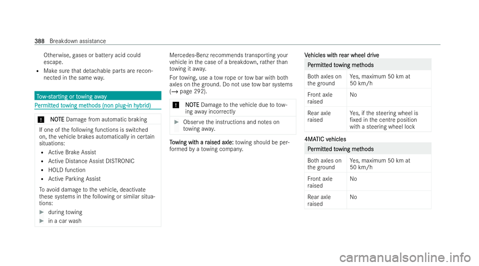 MERCEDES-BENZ S-CLASS SALOON 2022  Owners Manual Otherwise,
gases or battery acid could
escape.
R Make sure that de tach able parts are recon-
nected in the same way. T
T
o
o w
w -st
-st ar
arting or to
ting or towing away
wing away P
P
er
er mitt
m