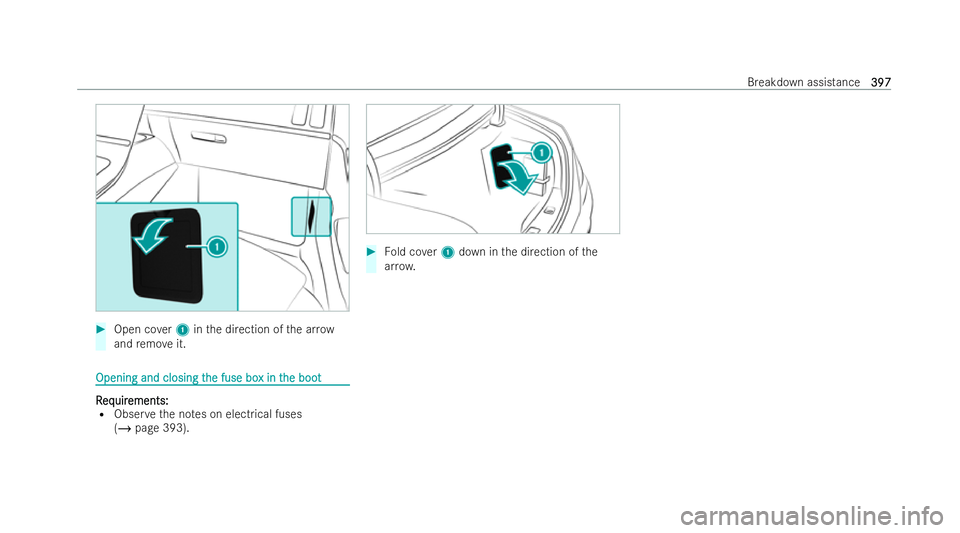 MERCEDES-BENZ S-CLASS SALOON 2022  Owners Manual #
Open co ver1 inthe direction of the ar row
and remo veit. Opening and closing t
Opening and closing t
he fuse bo
he fuse box in t
x in the boot
he boot R
R
eq
eq uir
uir ements:
ements:
R Obser veth