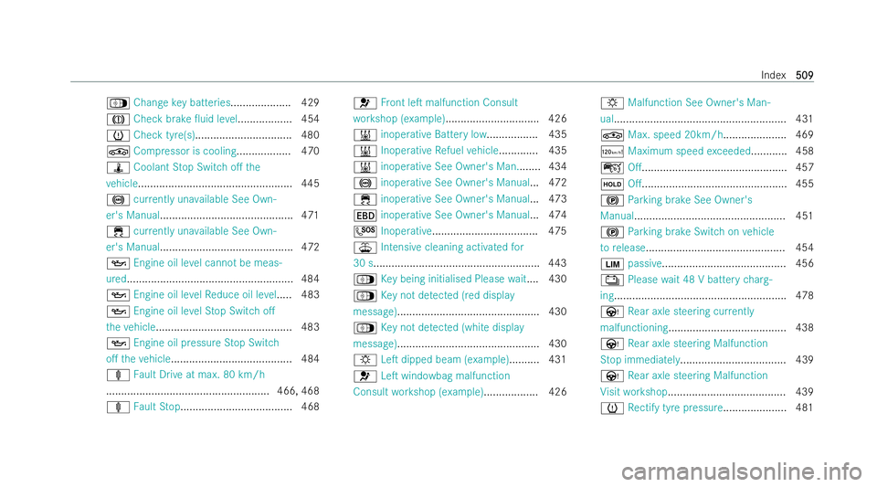 MERCEDES-BENZ S-CLASS SALOON 2022  Owners Manual Á
Change key batteries .................... 429
J Check brake 0uid le vel.................. 454
h Check tyre(s) ................................ 480
É Compressor is cooling .................. 470
�