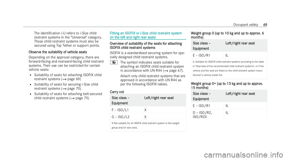 MERCEDES-BENZ S-CLASS SALOON 2022 Manual PDF The identi/ca
tion i‑Urefers to i‑Size child
re straint systems in the "Universal" categor y.
These child restraint systems must also be
secu red using TopTe ther or support points.
Obser