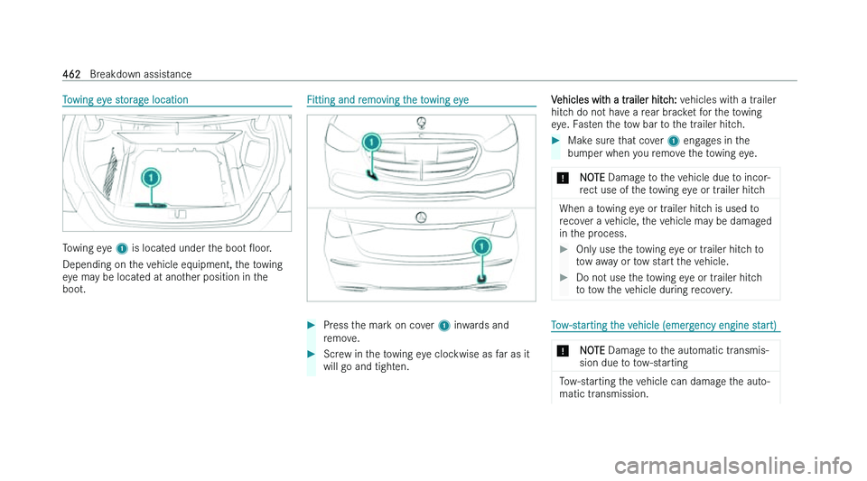 MERCEDES-BENZ S-CLASS SALOON LONG 2022  Owners Manual �T�o�w�i�n�g� �e�y�e� �s�t�o�r�a�g�e� �l�o�c�a�t�i�o�n
�T�o�w�i�n�g� �e�y�e� �1� �i�s� �l�o�c�a�t
�e�d� �u�n�d�e�r� �t�h�e� �b�o�o�t� O�o�o�r�.
�D�e�p�e�n�d�i�n�g� �o�n� �t�h�e� �v�e�h�i�c�l�e� �e�q�