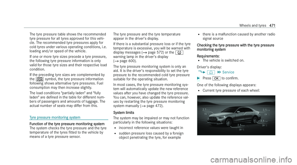 MERCEDES-BENZ S-CLASS SALOON LONG 2022  Owners Manual �T�h�e� �t�y�r�e� �p�r�e�s�s�u�r�e� �t�a�b�l�e� �s�h�o�w�s� �t�h�e� �r�e�c�o�m�m�e�n�d�e�d
�t�y�r
�e� �p�r�e�s�s�u�r�e� �f�o�r� �a�l�l� �t�y�r�e�s� �a�p�p�r�o�v�e�d� �f�o�r� �t�h�i�s� �v�e�h�i�-
�c�l�