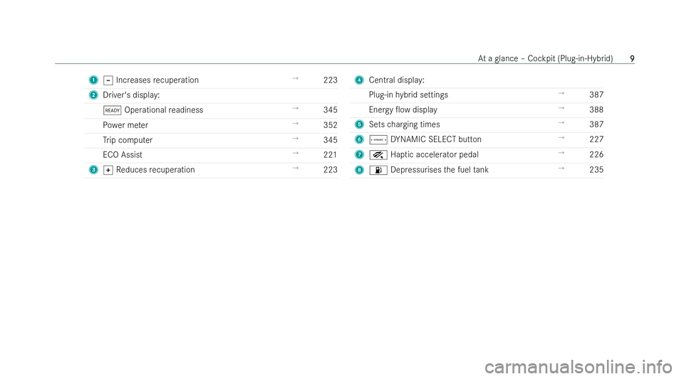 MERCEDES-BENZ S-CLASS SALOON LONG 2021  Owners Manual 1
±Increases recuperation →
223
2 Driver's displa y:
õ Operational readiness →
345
Po we r me ter →
352
Tr ip computer →
345
ECO Assist →
221
3 qReduces recuperation →
223 4
Cent ral