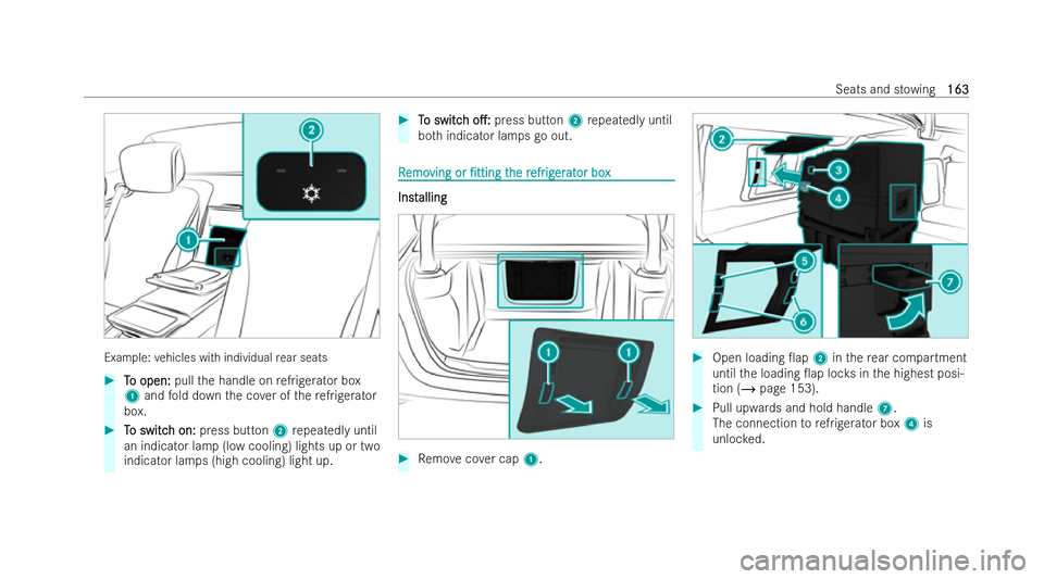 MERCEDES-BENZ S-CLASS SALOON LONG 2021  Owners Manual Example:
vehicles with individual rear seats #
T
To open:
o open: pullthe handle on refrigerator box
1 and fold down the co ver of there frigerator
box. #
T
To switc
o switc h on:
h on:press but ton2 